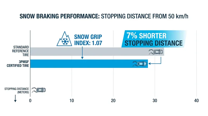 To earn the mountain snowflake symbol, a tire must achieve a snow grip index of 1.07 compared to a standard reference tire.