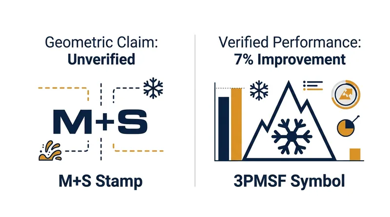 The M+S stamp relies on visual tread geometry, while the 3PMSF symbol requires a verified 7% performance improvement.