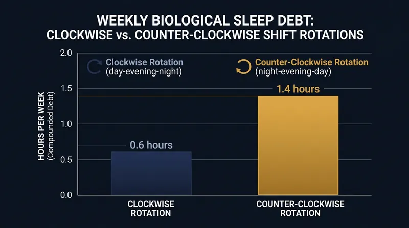 Counter-clockwise rotations force the body to fight its natural drift, compounding sleep debt over the workweek.