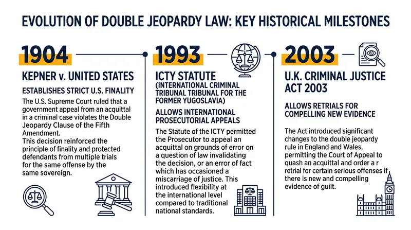 Key milestones in the evolution of prosecutorial appeals and double jeopardy.