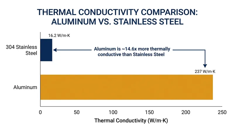 Aluminum transfers thermal energy nearly 15 times faster than the standard 304 stainless steel used in cookware bodies.