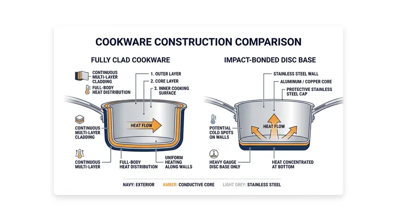 Fully clad construction carries an aluminum core to the rim, while disc-bottom pans concentrate it at the base.