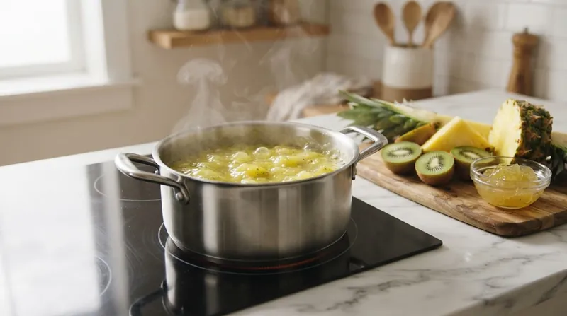 Illustration: Simmering raw fruit puree ensures the entire volume crosses the 80°C mark necessary to deactivate the proteases.