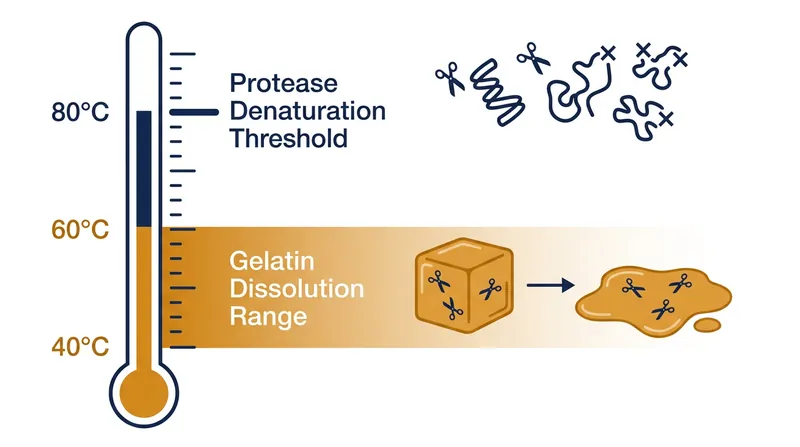 The 20°C gap between gelatin's melting point and the enzymes' denaturation threshold requires a two-step heating process.