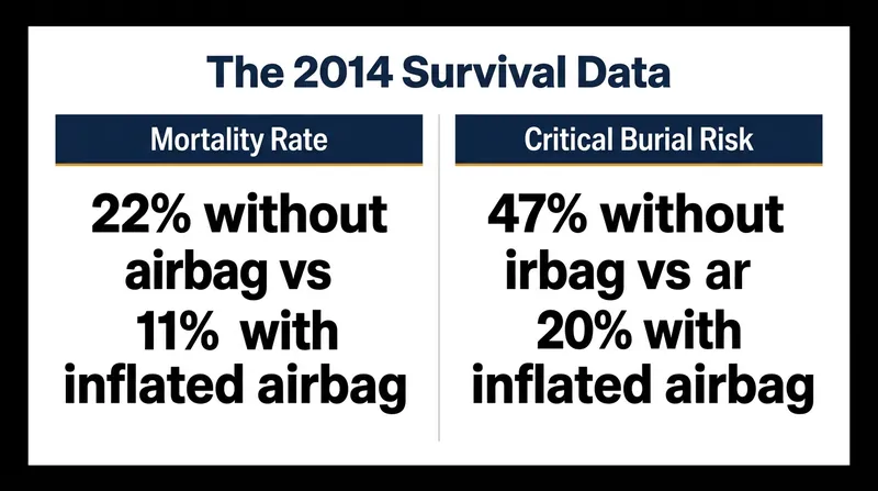 Data published in 2014 confirmed that an inflated airbag cuts the risk of both critical burial and overall mortality by roughly half.