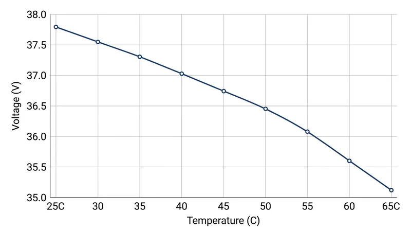 As cell temperature rises, the open-circuit voltage drops linearly.