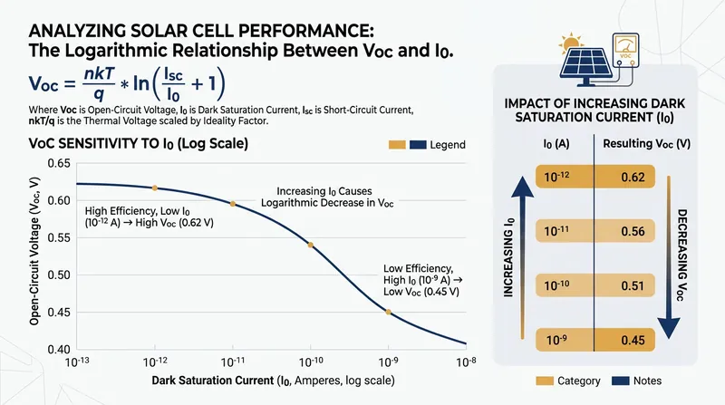 Open-circuit voltage is inversely proportional to the dark saturation current.