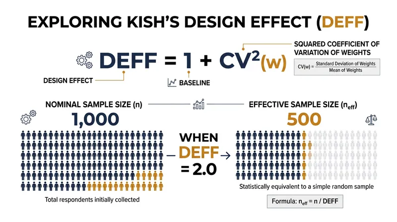The effective sample size represents the equivalent simple random sample needed to achieve the same precision.