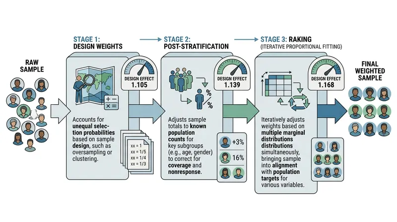Each stage of the weighting cascade compounds the variance penalty, steadily driving up the design effect.