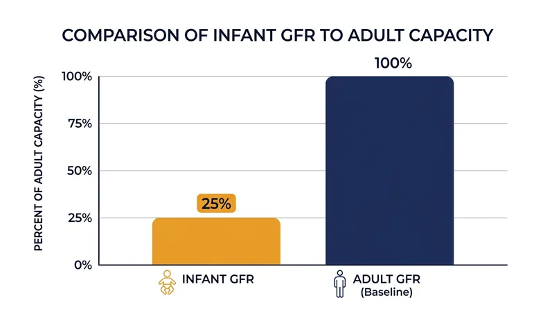 An infant's kidneys operate at a fraction of adult capacity, limiting their ability to process free water.