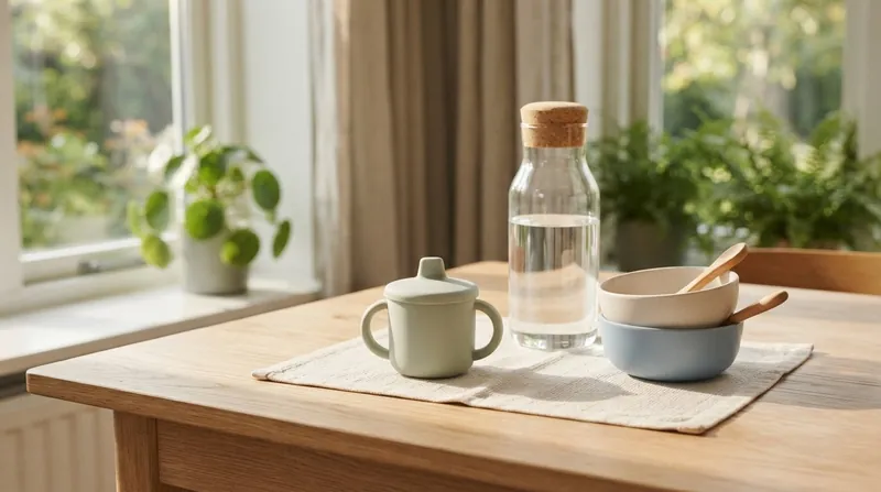 Illustration: After six months, small amounts of water help infants practice cup-drinking skills.
