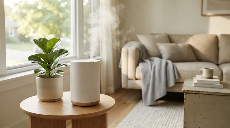 Illustration: Evaporative humidifiers use a fibrous wick to trap minerals, ensuring only pure water vapor enters the room.