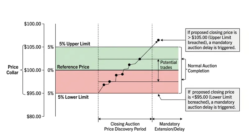 Exchanges enforce strict price collars to prevent the closing auction from deviating wildly from continuous trading.