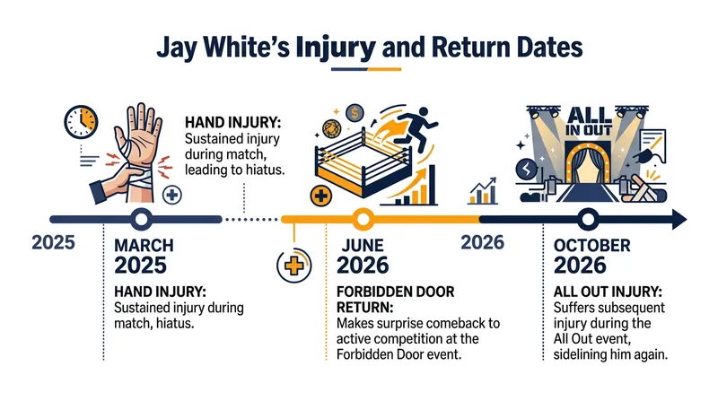 A timeline of Jay White's recent injury absences and returns.