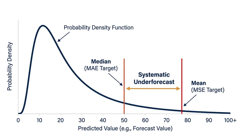In right-skewed data, the median is strictly lower than the mean, creating a structural gap.