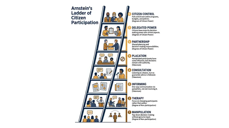 Sherry Arnstein's 1969 taxonomy categorizes civic engagement from non-participation to full community control.