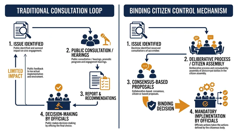 The structural difference between advisory feedback and delegated civic power.