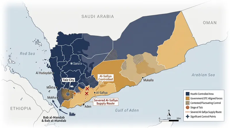 The Houthi advance has severed the primary supply route between Taiz and Aden, completing the encirclement of the city.