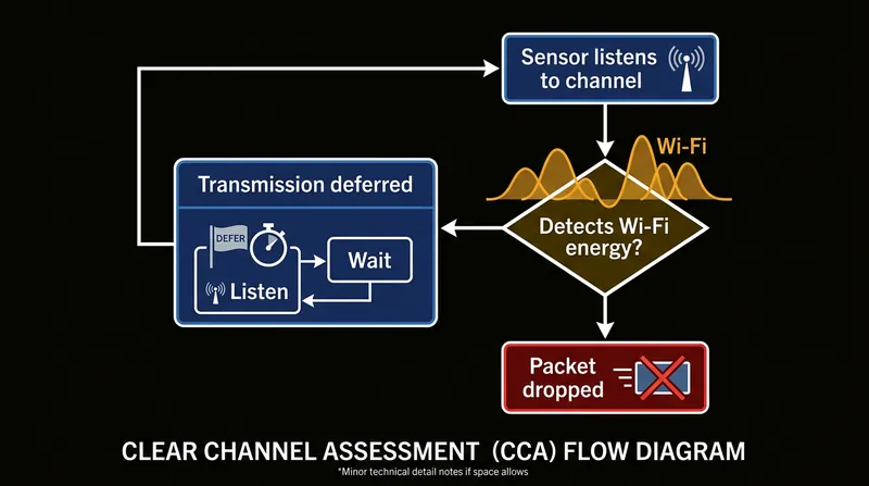 When a Zigbee device detects Wi-Fi energy on its channel, the Clear Channel Assessment mechanism forces it to wait, eventually causing packet loss.