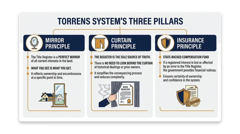 The Torrens system relies on three legal principles to guarantee absolute ownership and eliminate historical risk.