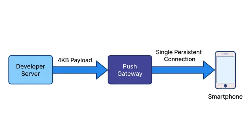 Instead of connecting directly to the device, developer servers send payloads to the gateway, which routes them through a single OS-managed connection.