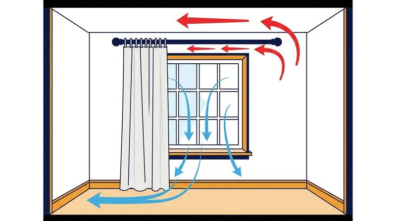 Without a top seal, warm ceiling air enters the curtain gap, cools against the glass, and falls to the floor.