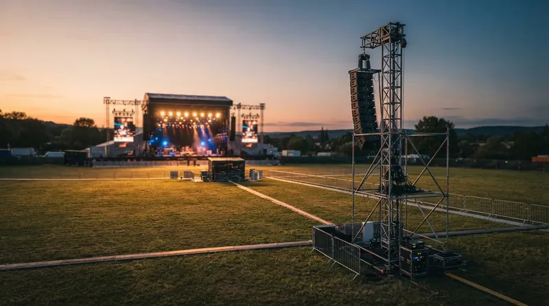 A wide view of an outdoor music festival at dusk, showing a towering speaker array silhouetted against a brightly lit stage.