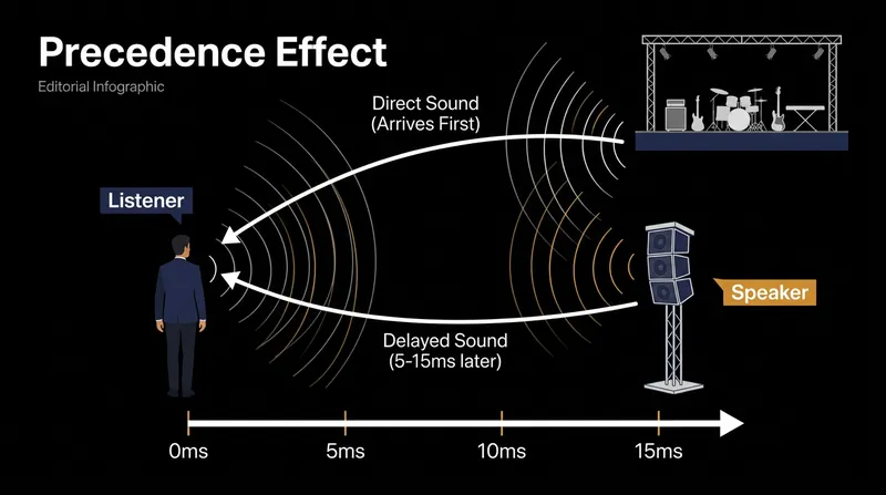 By ensuring the faint sound from the stage arrives milliseconds before the loud sound from the tower, engineers force the brain to localize the music to the performers.