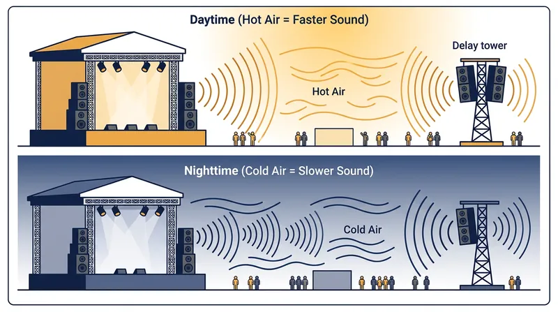 Because sound travels slower in cold air, engineers must continuously adjust their delay offsets as the sun goes down.