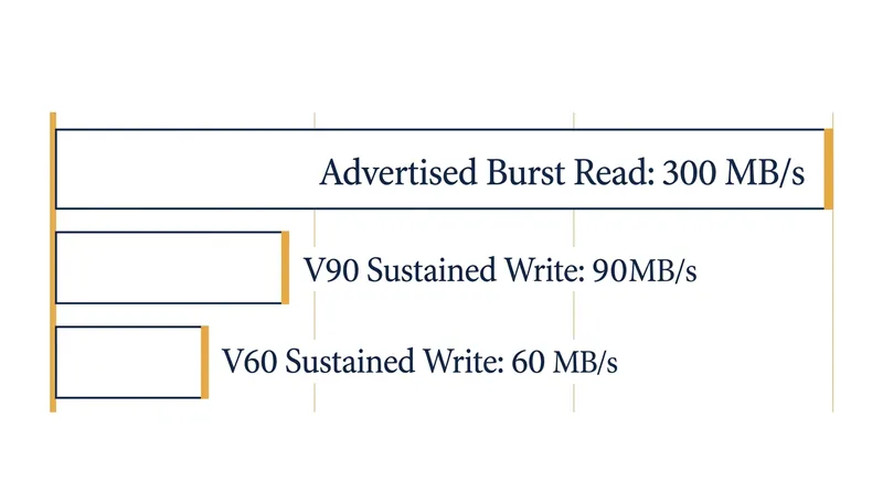 Advertised burst read speeds represent temporary peaks, while V-ratings guarantee the continuous write floors required for video.