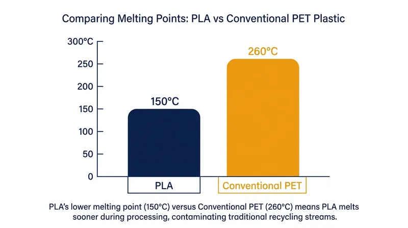 When misdirected, PLA's lower melting point contaminates conventional petroleum plastic recycling streams.