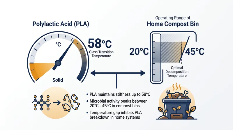 The thermal deficit in residential compost bins prevents PLA from reaching its glass transition temperature.