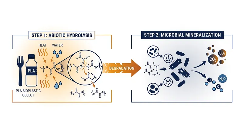 PLA degradation is a two-step process that relies entirely on an initial chemical reaction.