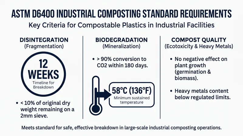 The ASTM D6400 standard mandates strict thermal conditions for industrial compostability.