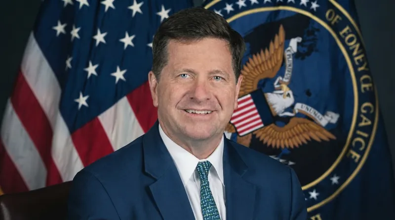 Jay Clayton stands at a wooden podium with microphones, speaking during a press conference.