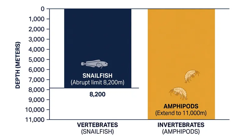 The absence of fish below 8,400 meters leaves the deepest 2,500 meters of the ocean exclusively to scavenging invertebrates.