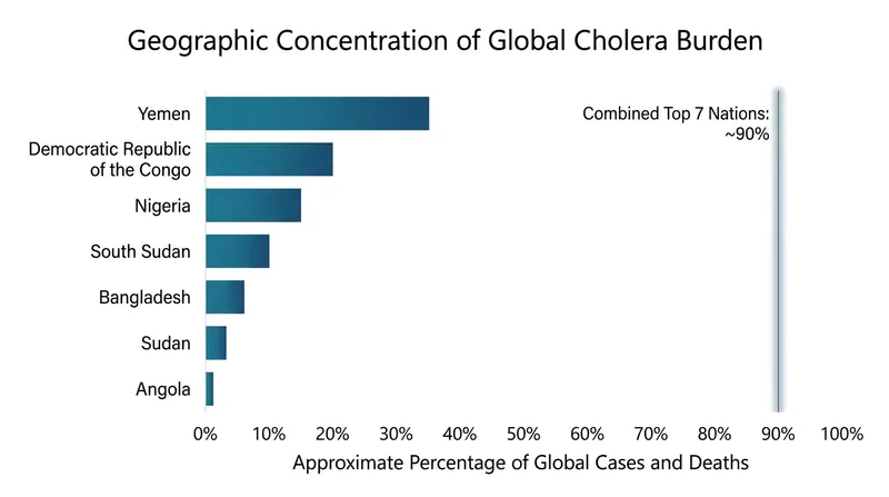 Seven nations accounted for approximately 90% of all reported cholera cases and deaths worldwide in 2025.