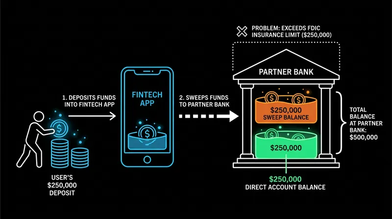 Fintech sweep networks can inadvertently concentrate risk if the partner bank overlaps with a user's direct retail accounts.