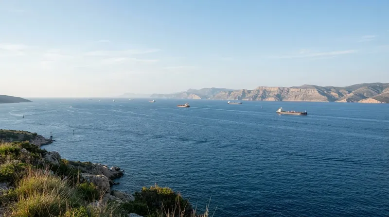 A military submarine navigating through the ocean waters, representing naval transit through international straits.