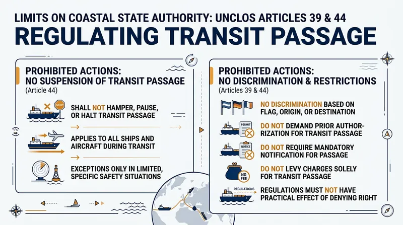 Coastal states are explicitly forbidden from suspending transit passage for any reason, including military exercises.
