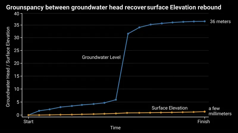 Even when groundwater levels recover significantly, the land surface regains less than five percent of its lost elevation.