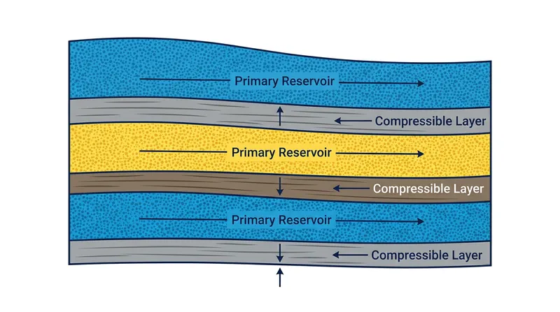 Aquifer systems are composed of interbedded layers of rigid sand and highly compressible clay.