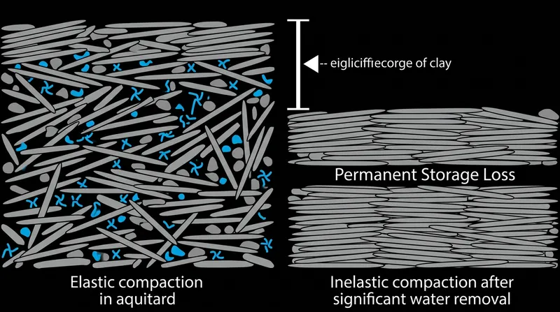 When water pressure drops below historical lows, clay particles permanently rearrange into a dense, stacked formation.
