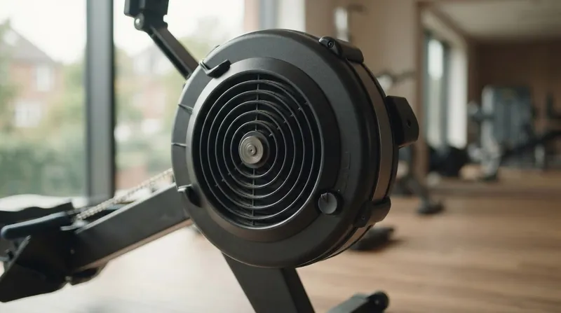 Close-up of the numbered plastic damper lever on the side of a Concept2 indoor rowing machine flywheel cage.