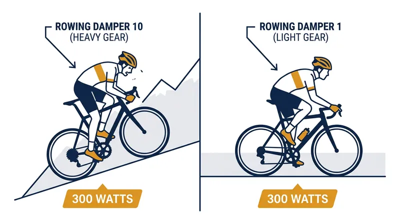 Like a bicycle, the rowing machine allows users to generate the same power output across different gearings.
