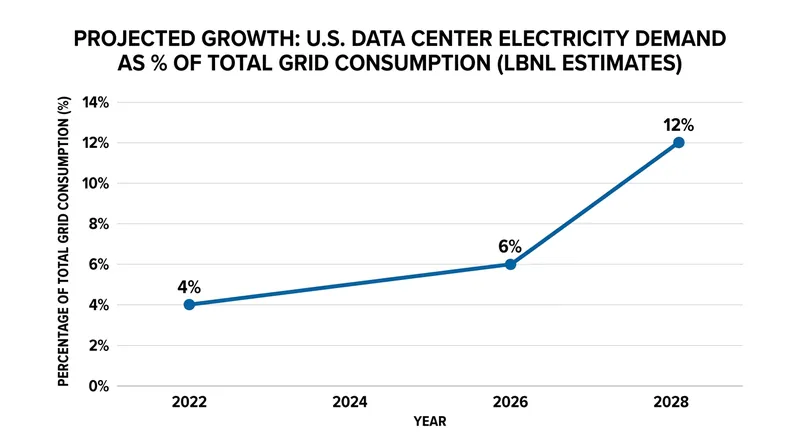 Data center power demand is projected to consume an increasingly large share of total United States electricity generation.
