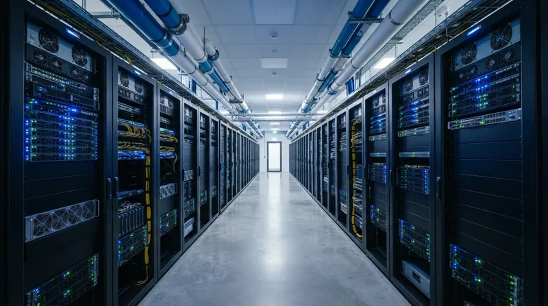 Rows of illuminated server racks inside a massive, modern data center facility with overhead cooling pipes.