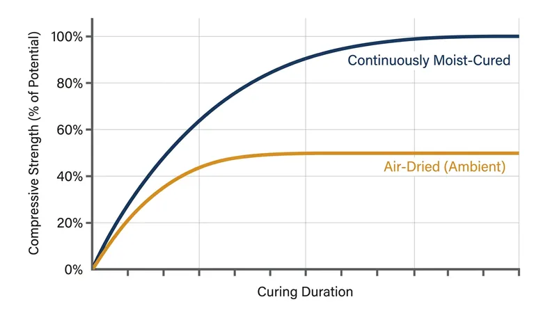 Concrete allowed to dry in ambient air achieves only half the compressive strength of a properly cured slab.