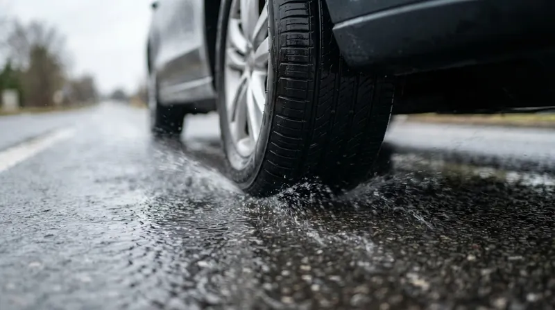 A heavy SUV and a small sedan driving side-by-side through a deep puddle on a rainy highway, kicking up massive water spray.