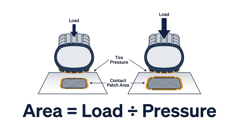 A tire's contact patch area expands proportionally to the load it carries, keeping the downward pressure constant.